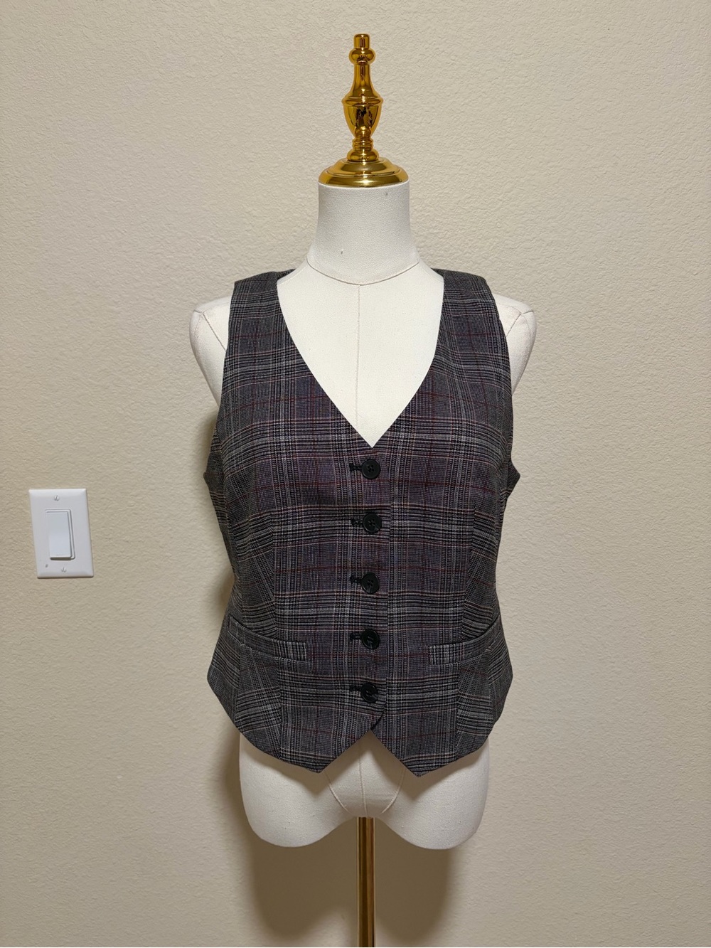 Express Gray and Black Plaid Vest with Red Accents